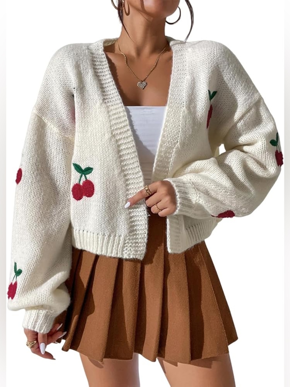 Cherry Embroidered White Knit Open Front Cardigan Size L